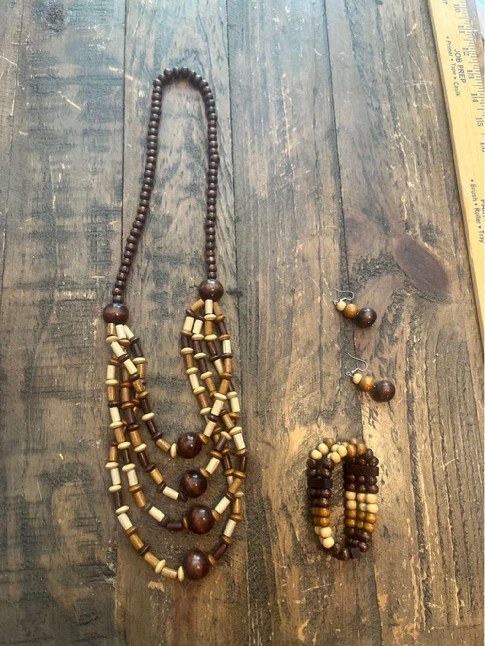 0018 Boho Multi-Strand Wooden Bead Jewelry Set - Necklace, Bracelet & Earrings